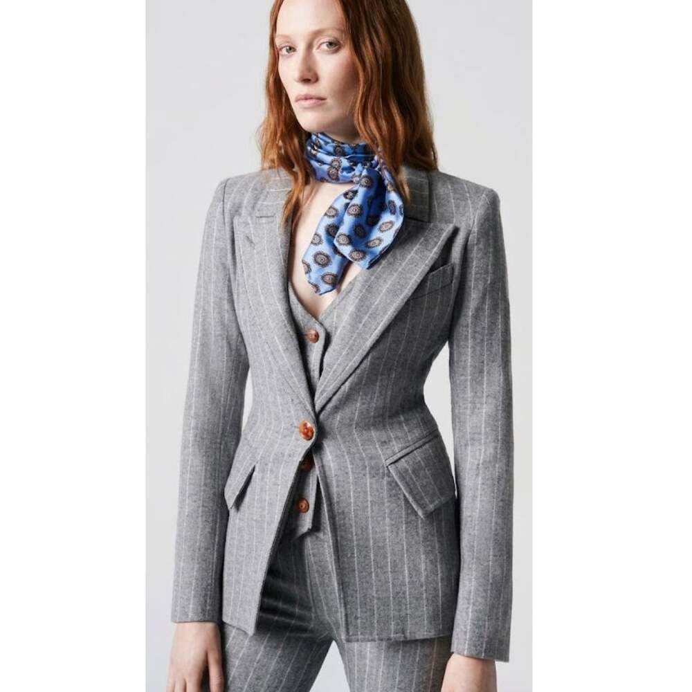 Smythe Flannel Pinstripe Lounge Cutaway Blazer Jacket Gray Wool Blend Size 12